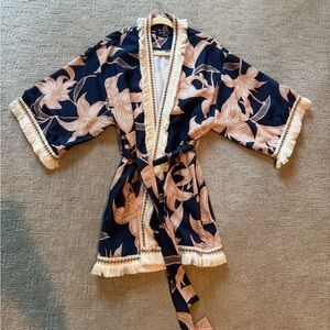 Patbo Navy & ivory Floral Fringe Trim Kimono medium